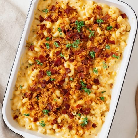 A close-up shot of creamy sheet pan mac and cheese, perfectly baked and topped with bacon.