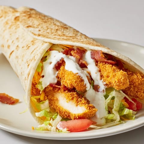 A close-up shot of a delicious crispy chicken bacon ranch wrap, filled with fresh ingredients and cheese.
