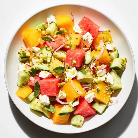 Vibrant image of a chilled Cucumber and Watermelon Hot Girl Salad, perfect for summer eating.