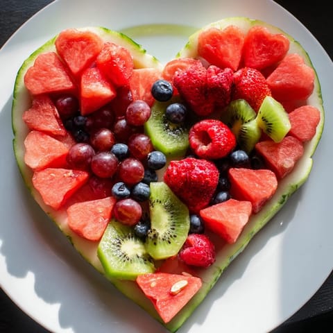 Heart-shaped Sweetheart Fruit Board with juicy watermelon, strawberries, and grapes, a sweet dessert.