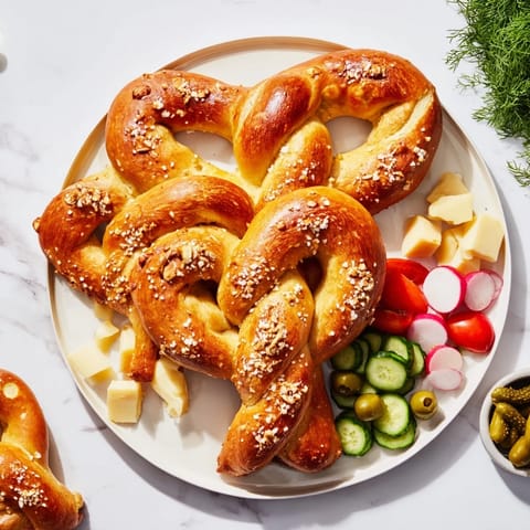 Freshly baked Bretzel Arbre de Vie arranged as a tree, loaded with cheese, meats, and fresh veggies.