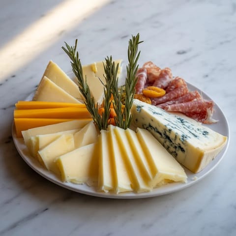 Rustic Winter Mountain Cheese Platter with warm honey, ready for a cozy winter gathering.