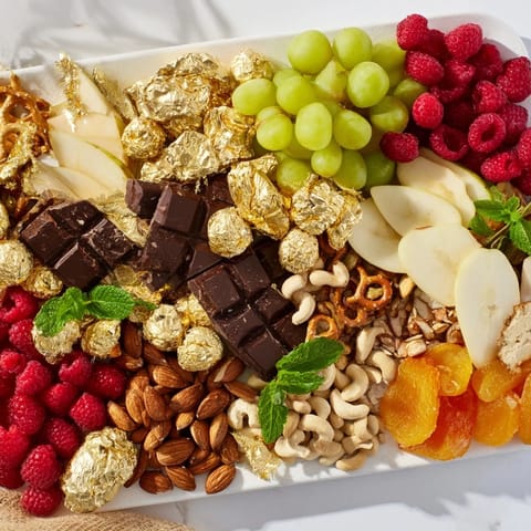 This elegant New Year's Gold Foil Wrapped Chocolate Board offers a vivid array of chocolates and fresh fruit.