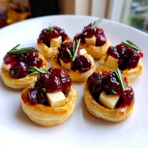 A close-up of a festive Mini Cranberry Brie Tart Wreath ready for serving at a holiday party.