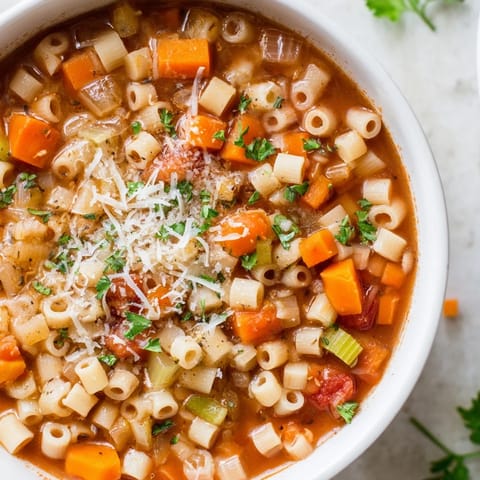 Hearty Ditalini and Lentil Soup, a rich vegetarian Italian dish ready to serve warm.