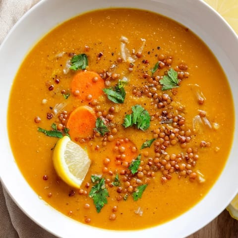 Vibrant orange Spiced Carrot Lentil Soup, a rich blend of spices and tender carrots.
