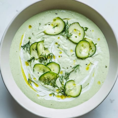 Cool, creamy Chilled Cucumber Garlic Soup garnished with fresh dill and thinly sliced cucumbers.