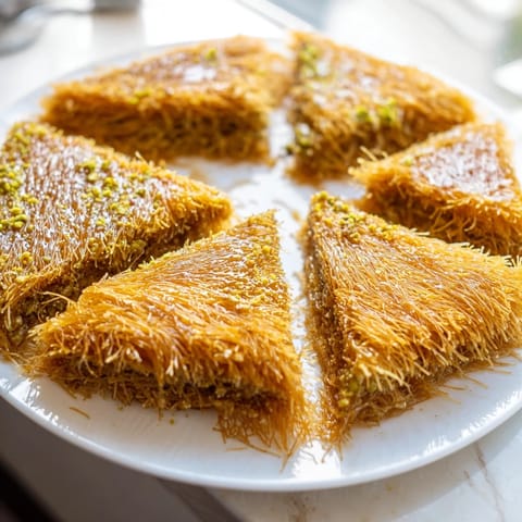 Homemade Egyptian Konafa, layered with nuts and drizzled with fragrant honey syrup, perfect for dessert.