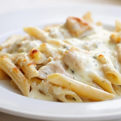 Golden brown, bubbling Chicken Alfredo Casserole is served in a white dish, garnished with fresh parsley.