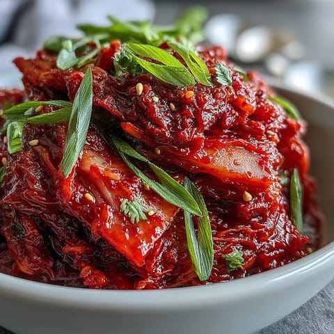 A bowl of homemade Korean kimchi featuring crunchy fermented cabbage, scallions, and carrots, with a spicy red coating.  