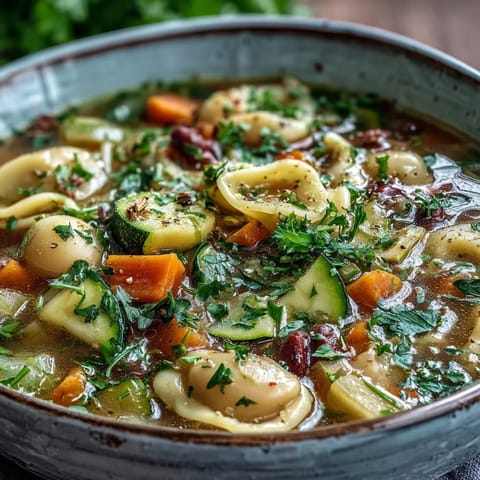 A hearty ladle of Vegetable Minestrone Variations served with crusty bread and a sprinkle of fresh parsley.