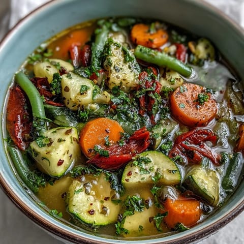 A ladle pours hearty Italian Herb Vegetable Soup into a rustic bowl, showing off tender veggies and fresh herbs. 