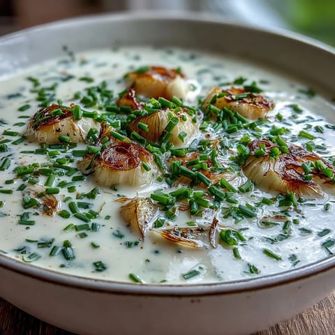 Golden roasted garlic cloves blended into a velvety herb soup alongside Yukon Gold potatoes and carrots in a white ceramic bowl.