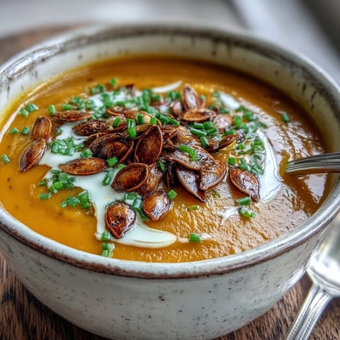 A spoon dips into creamy homemade Acorn Squash Soup, revealing a rich, silky texture made from roasted squash.