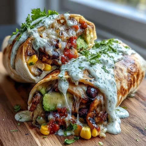 Two hearty veggie burritos on a plate topped with sour cream and salsa beside lime wedges and cilantro.