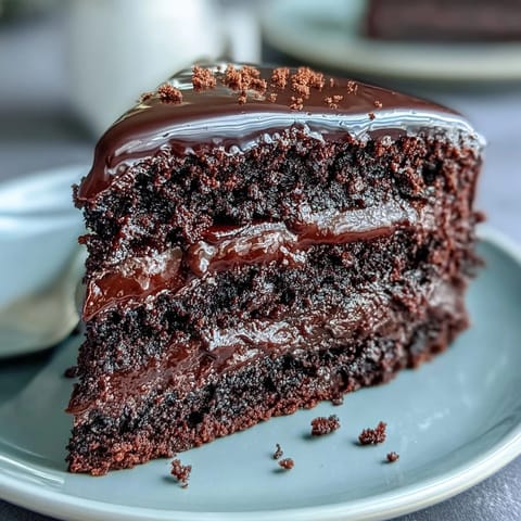 Two layers of Easy Chocolate Fudge Cake are stacked and frosted with silky chocolate icing, served on a white plate with fresh raspberries.