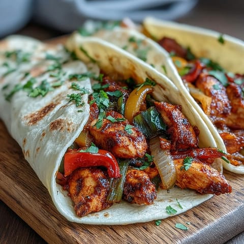 Juicy sliced chicken and vibrant bell peppers for Easy Chicken Fajitas, garnished with fresh cilantro and lime wedges.