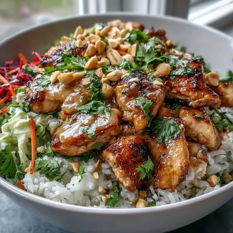 Peanut Chicken Protein Bowl meal prep with fluffy coconut rice, crisp veggies, and Thai-inspired peanut sauce, ready for a satisfying lunch.