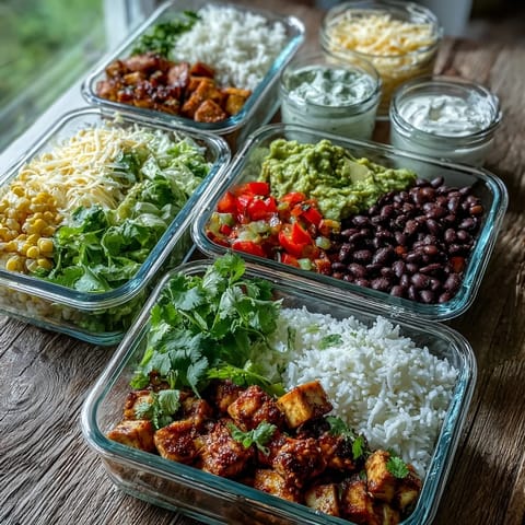 Bright red bell peppers and corn kernels add fresh crunch to this colorful, customizable burrito bowl base for easy lunches.