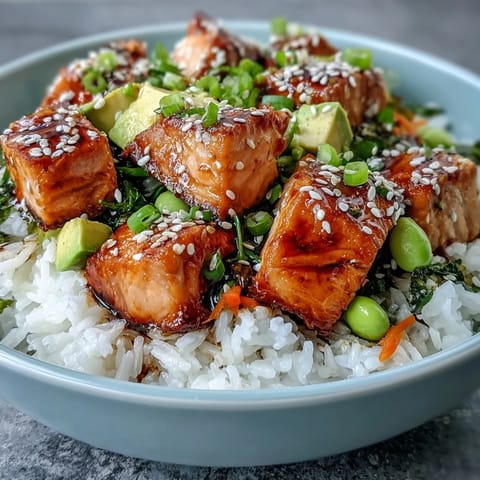Vibrant Baked Salmon Rice Bowl with fresh vegetables, sesame seeds, and sriracha mayo drizzle, ready to serve.