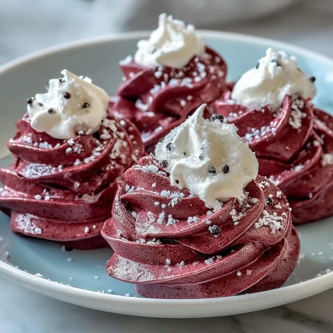 Delicate, airy Black Currant Meringues piped on a baking sheet, showcasing crisp shells with vibrant purple swirls. 
