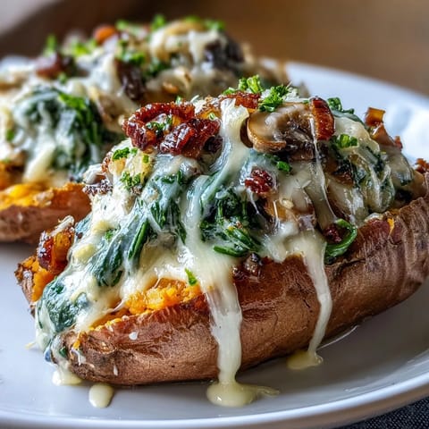 A savory vegetarian main dish featuring roasted sweet potatoes and a rich, creamy mushroom and spinach filling.