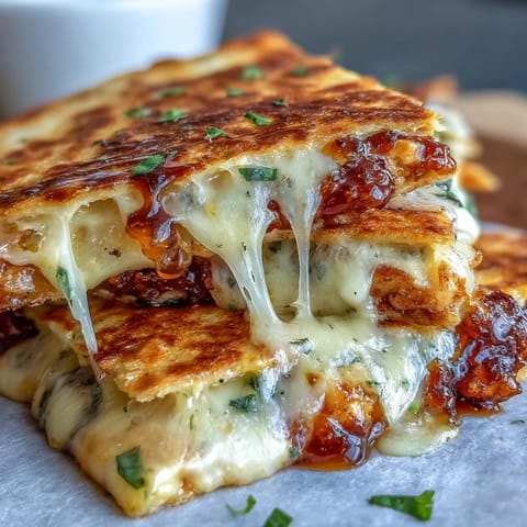 A close-up of Cheesy Hot Honey Chicken Quesadillas with melty cheese pull and tender spicy chicken pieces on a rustic wooden table.