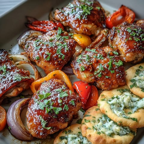 Tender chicken thighs and colorful vegetables on a sheet pan, paired with buttery garlic naan for a comforting family-style dinner.
