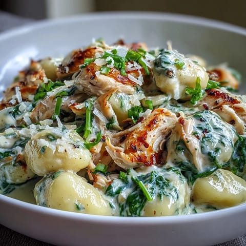 Forkful of Creamy Spinach & Parmesan Gnocchi with Chicken showcasing tender dumplings and shredded meat in rich garlic sauce.