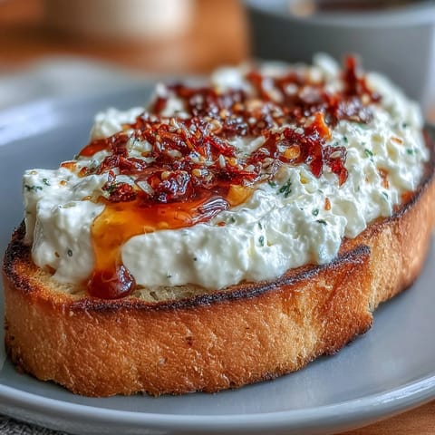 Golden toasted baguette slices piled with creamy whipped ricotta, drizzled with spicy hot honey, and topped with crunchy chili.