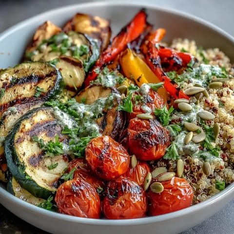 Grilled Veggie and Quinoa Power Bowls feature charred zucchini, peppers, and onions over fluffy quinoa with a creamy tahini drizzle.