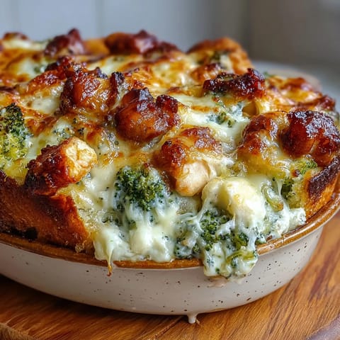 A spoon scoops into the creamy Keto Creamy Chicken and Broccoli Casserole, revealing tender chicken in cheesy sauce.