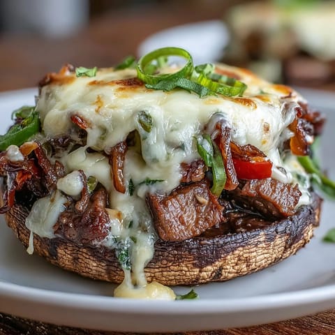 Keto Philly Cheesesteak Stuffed Portobello Mushrooms with juicy steak and melted cheese in roasted mushroom caps.  
