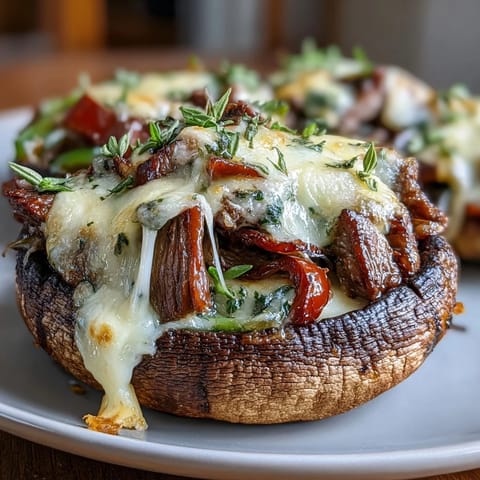 Savory low-carb Philly cheesesteak filling piled high in tender portobello mushrooms with gooey provolone.  