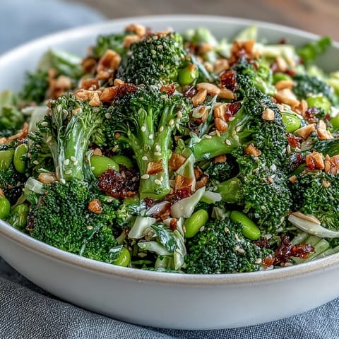 Colorful broccoli crunch salad with fresh veggies, edamame, and zesty Asian dressing for a healthy meal prep option.