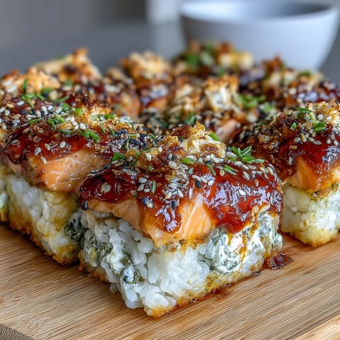 Baked salmon sushi casserole with creamy imitation crab and Sriracha mayo, topped with furikake and green onions.  