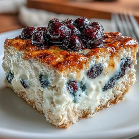Hearty and wholesome, this Blueberry Cottage Cheese Breakfast Bake features fresh berries and oats in a custardy, make-ahead dish.  
