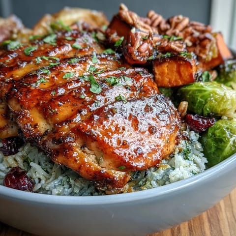 Maple Dijon Chicken Sweet Potato Bowls with roasted vegetables and wild rice, garnished with pecans and cranberries. Hearty, gluten-free, and perfect for cozy dinners.