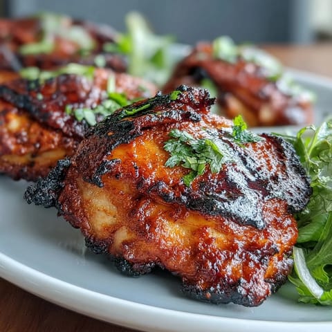 Juicy tandoori chicken thighs marinated in spiced yogurt and roasted until charred and aromatic.  