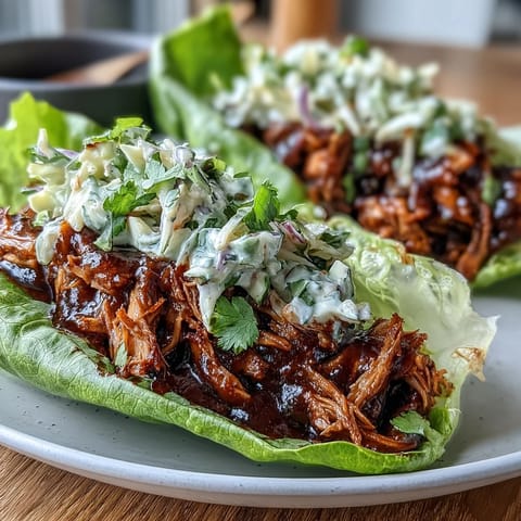 Vegan BBQ jackfruit lettuce tacos with creamy slaw, served in crisp lettuce cups and garnished with fresh cilantro.