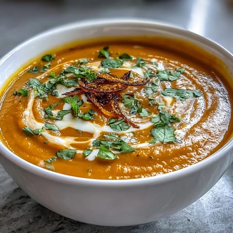 Creamy carrot and orange soup with ginger and coconut milk, garnished with fresh coriander and orange zest.