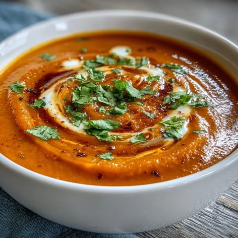 Vibrant vegan carrot and orange soup with ginger, coconut milk, and a swirl of extra coconut cream.