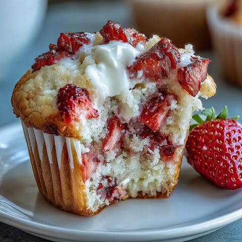 Fresh strawberry Greek yogurt muffins with juicy berry pockets, golden tops, and a soft, moist crumb perfect for breakfast.