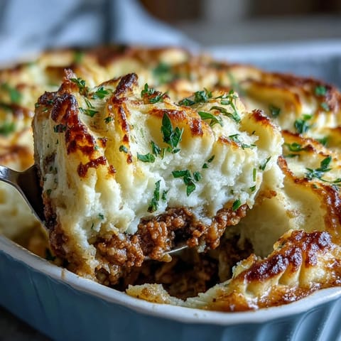 Classic Shepherd's Pie with Cauliflower Mash Topping, a hearty British casserole with savory ground lamb and creamy cauliflower mash.  