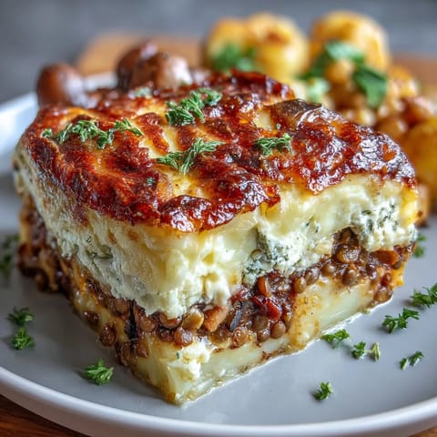 Vegetarian Shepherds Pie with Lentils and Mushrooms: golden mashed potato topping over a savory lentil and mushroom filling, baked to bubbling perfection.