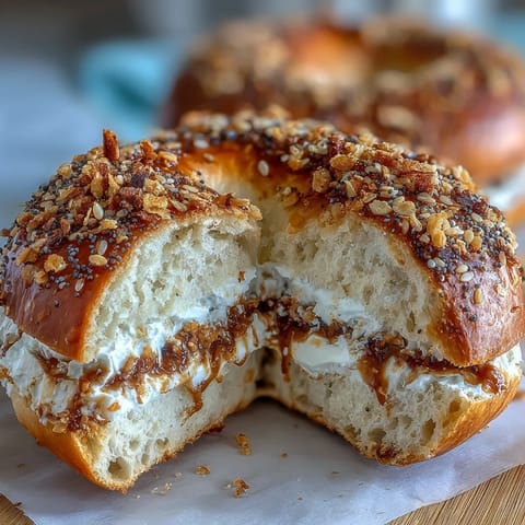 Golden baked Greek yogurt bagels topped with savory everything seasoning, soft and chewy with a crisp exterior.