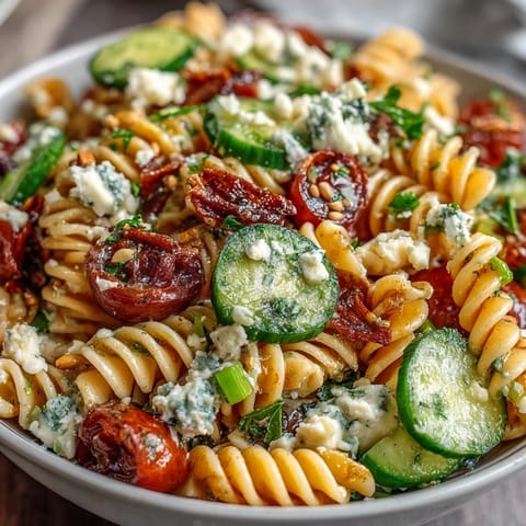 Vibrant Lemon Vinaigrette Pasta Salad with Cucumbers and Cherry Tomatoes, tossed with fresh herbs and crisp vegetables.