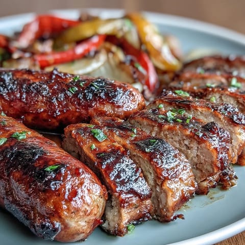 Sheet pan sausage and peppers with colorful bell peppers and caramelized onions, roasted to juicy perfection.  