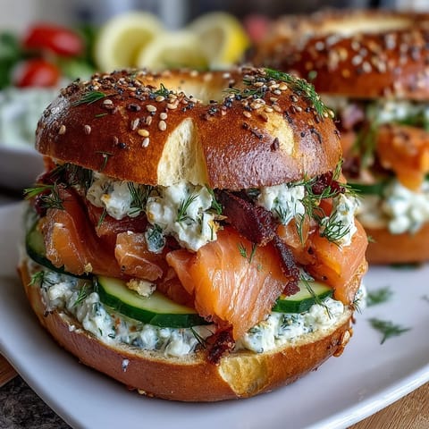 Vibrant smoked salmon bagel platter with whipped cream cheese, sliced cucumbers, tomatoes, and dill for a fresh spring brunch.