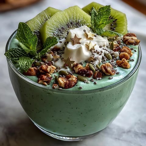 Vibrant green shamrock protein smoothie bowl topped with kiwi slices, granola, chia seeds, and edible gold stars for festive St. Patrick's Day breakfast.